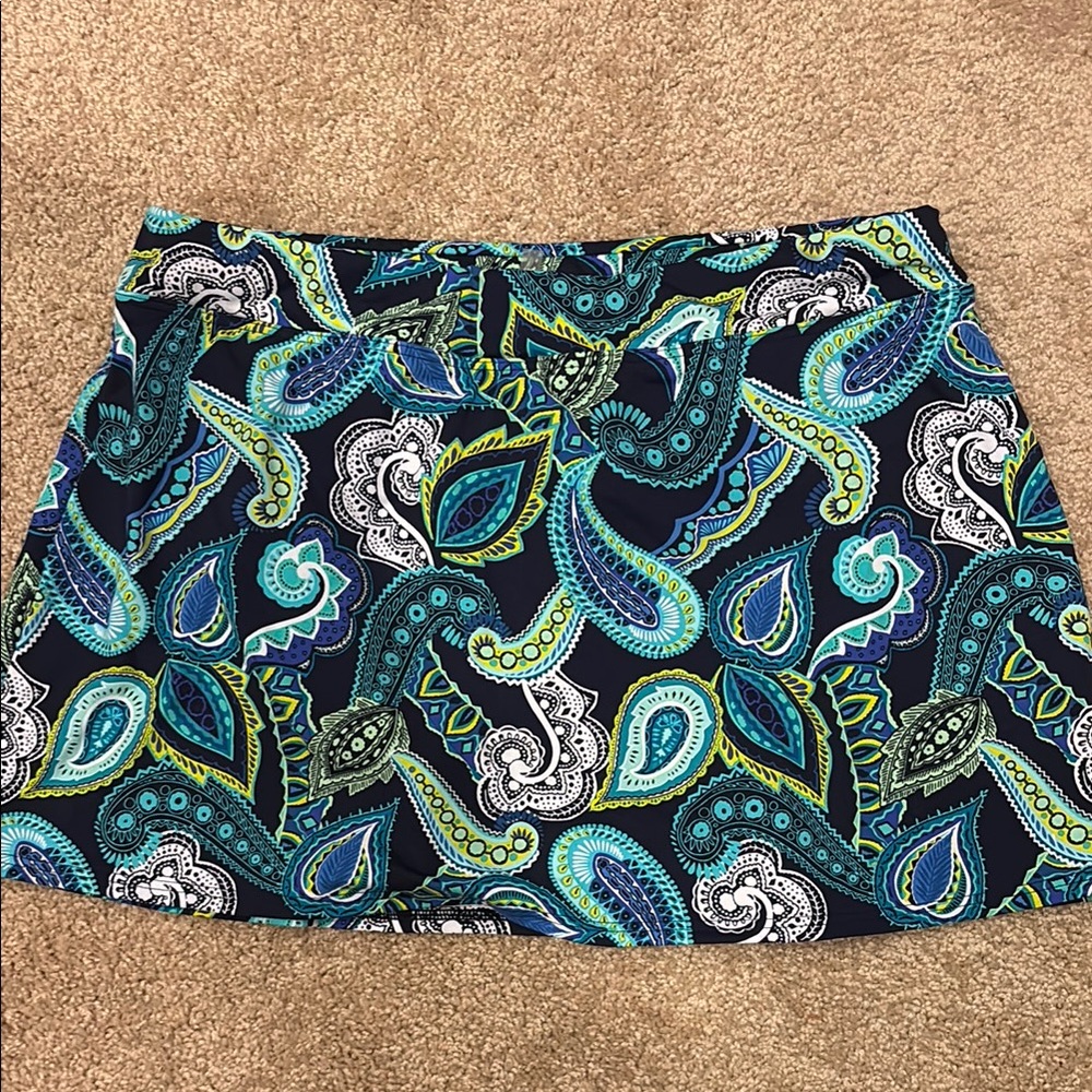 Lands' End Blue Green paisley A-Line Mini Swim Skirt 10 petite